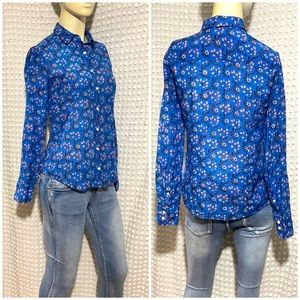 J. Crew Perfect Fit Cobalt Blue Floral Button Down Blouse Size 6